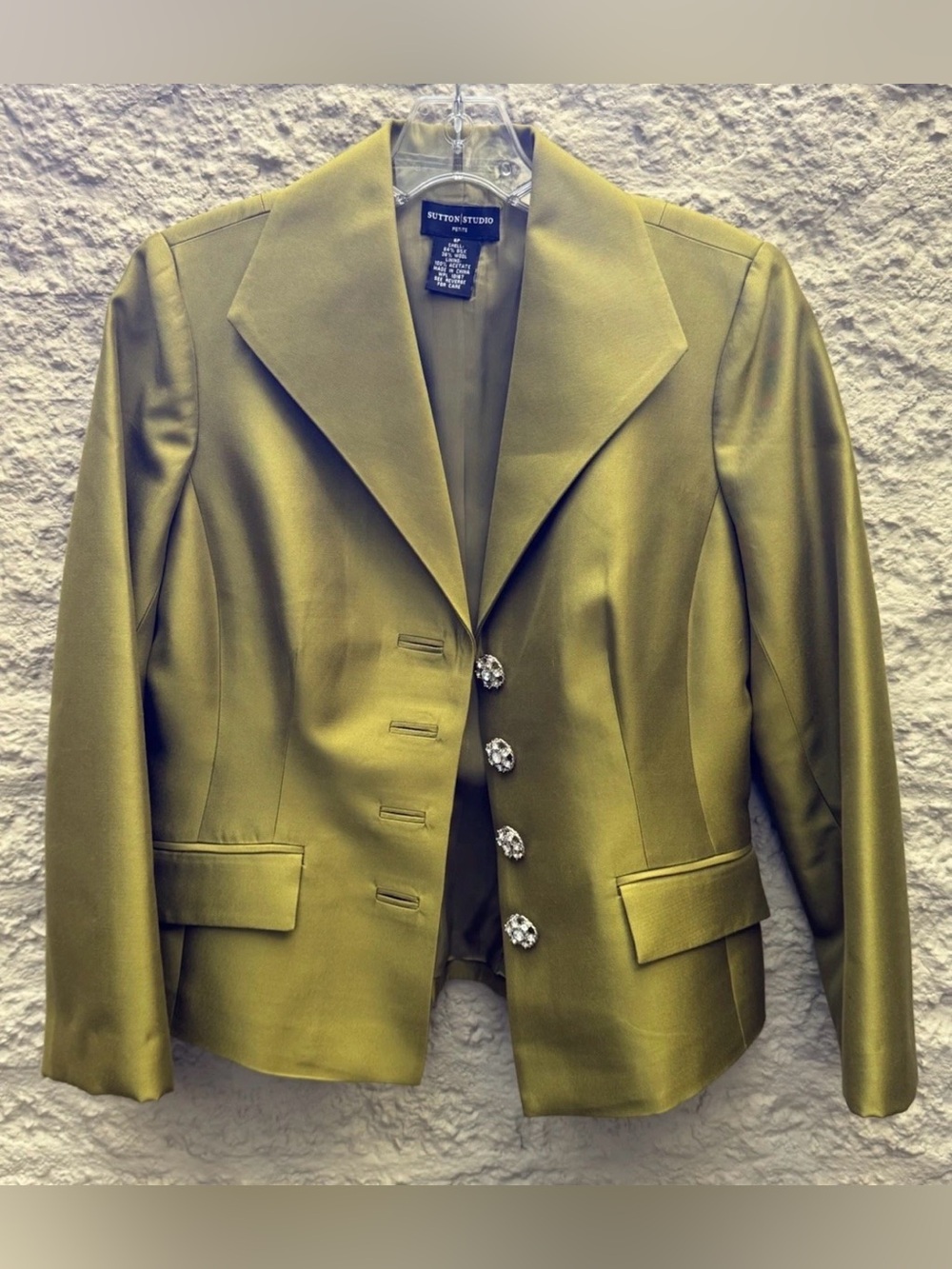 Sutton Studio Silk Blend Blazer 6P Chartreuse Green Rhinestone Jeweled Button⁠